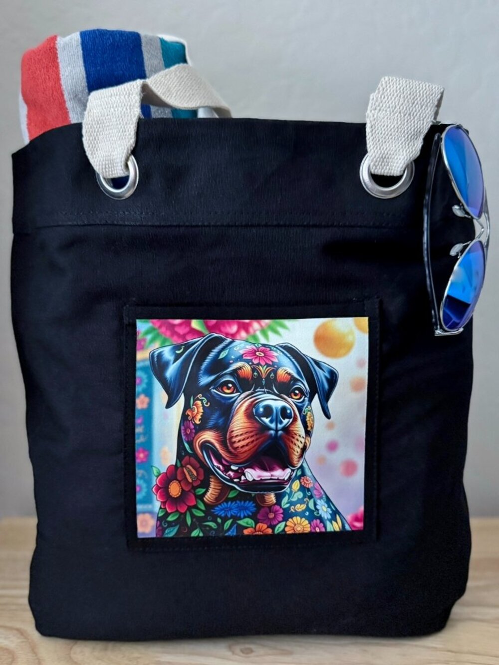 New One Of A Kind Rottweiler Sugar Skull Dog Black Canvas Shoulder Tote Bag